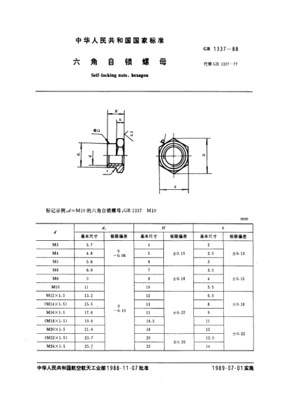 GB/T 1337-1988六角自锁螺母Self-locking nuts,hexagon