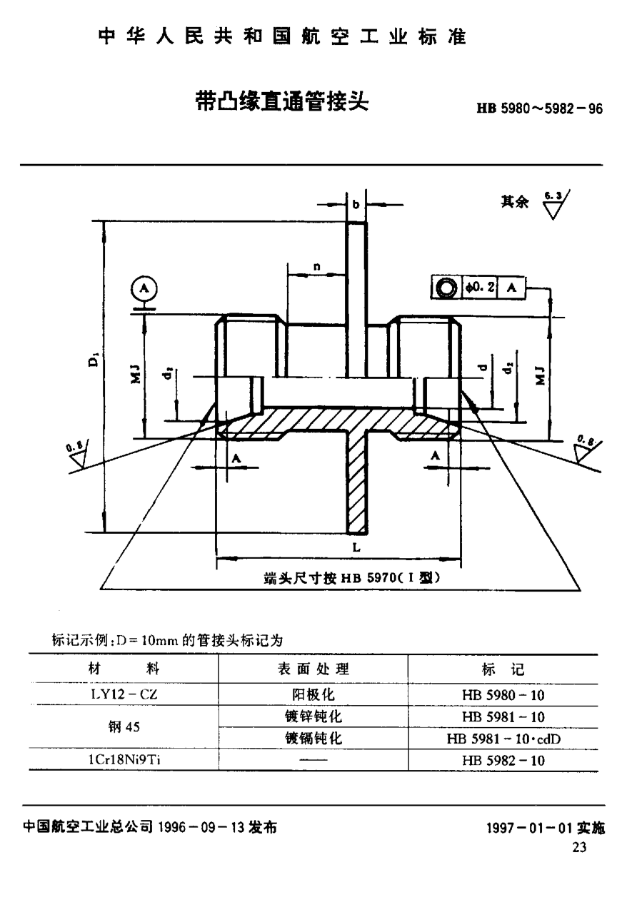 HB 5980-1996带凸缘直通管接头