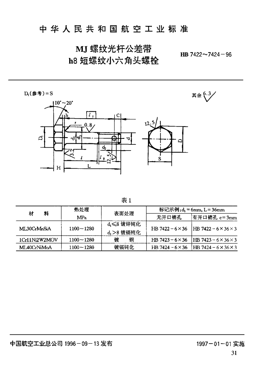 HB 7422-1996ＭＪ螺纹光杆公差带ｈ８短螺纹小六角头螺栓