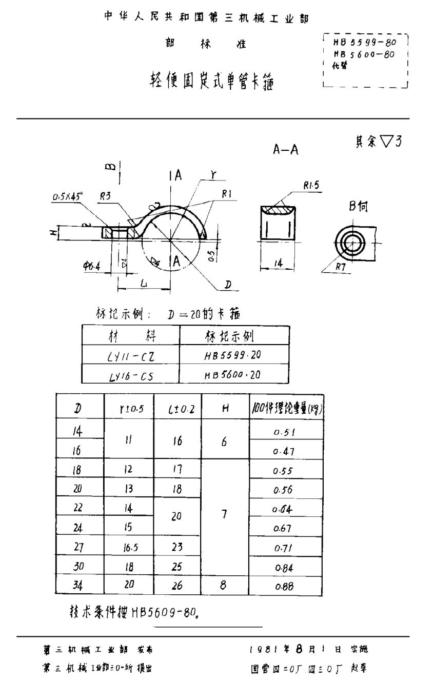 HB 5599-1980轻便固定式单管卡箍