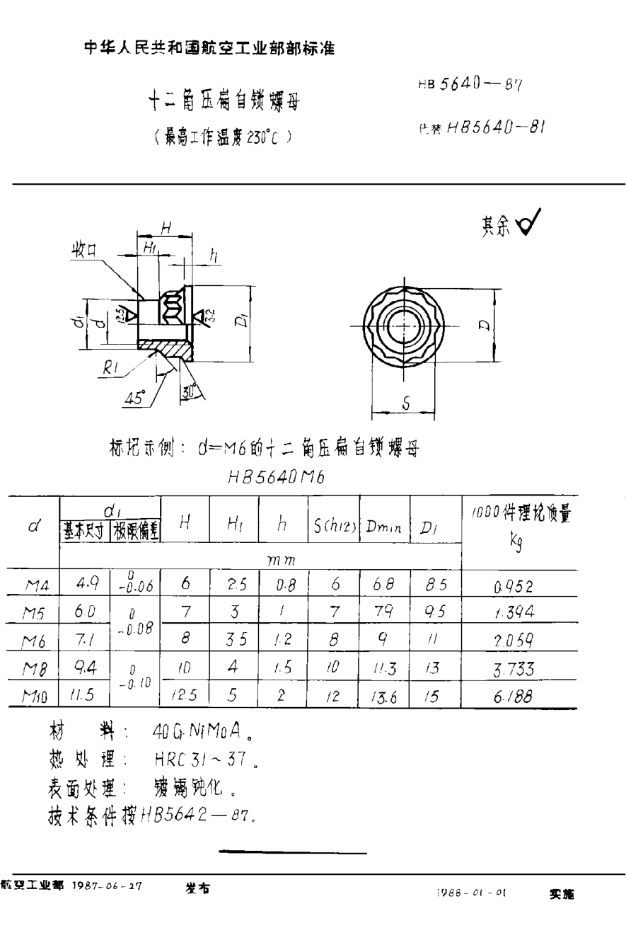 HB 5640-1987十二角压扁自锁螺母（最高工作温度２３０°Ｃ）
