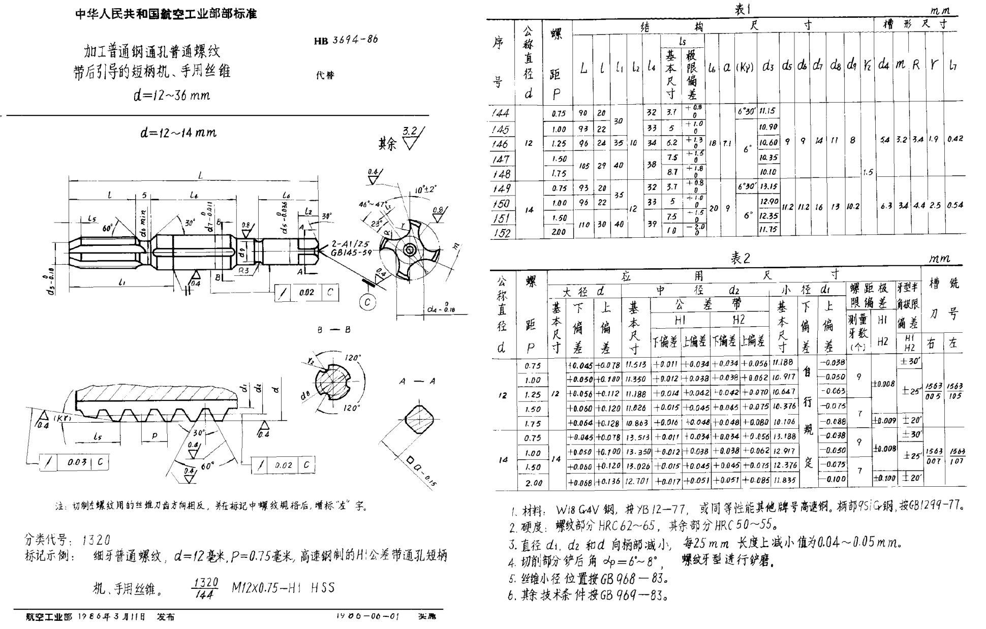 HB 3694-1986加工普通钢通孔普通螺纹带后引导的短柄机、手用丝锥 d＝12~36mm