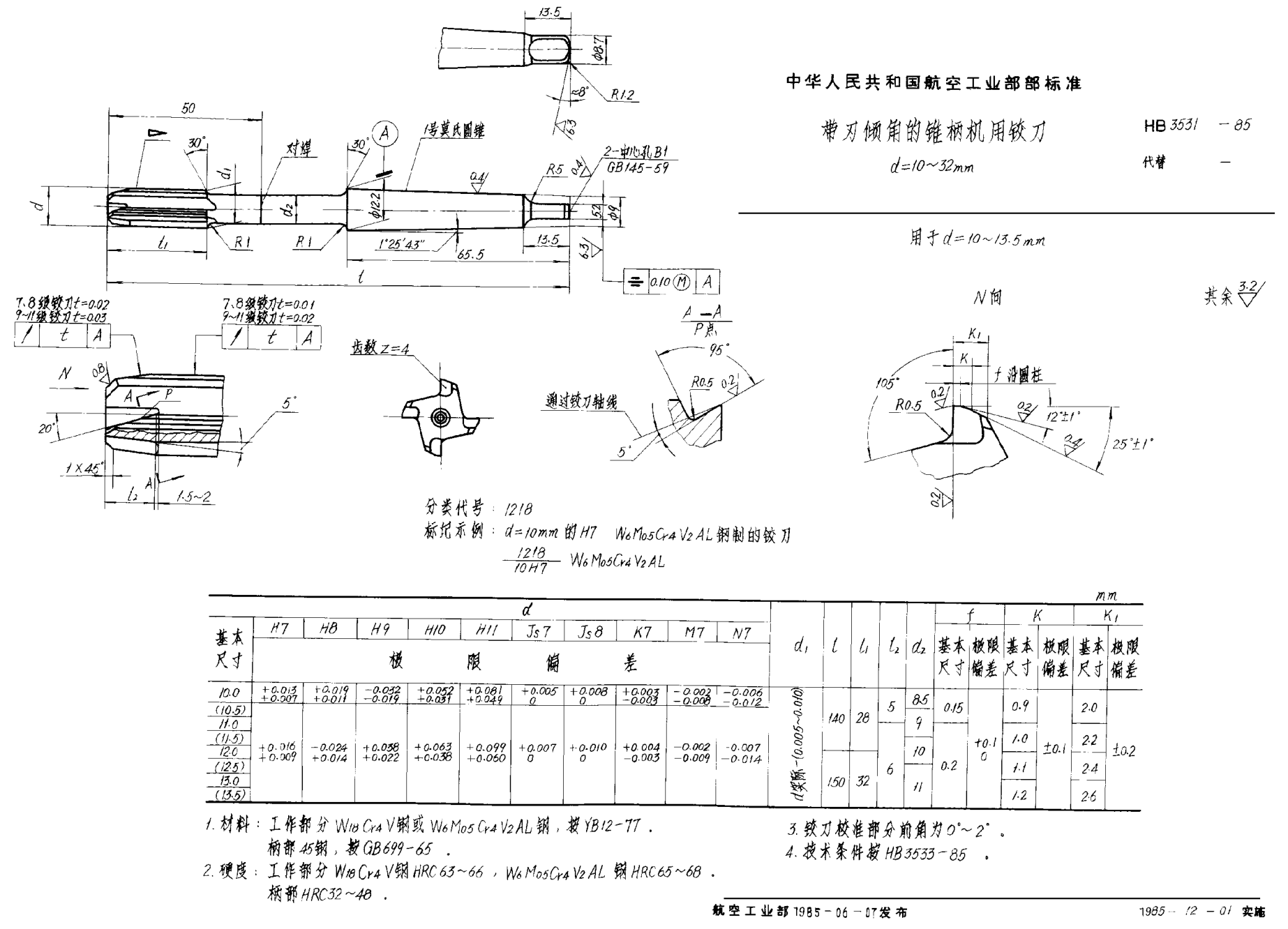 HB 3531-1985带刃倾角的锥柄机用铰刀u3000d＝10~32mm