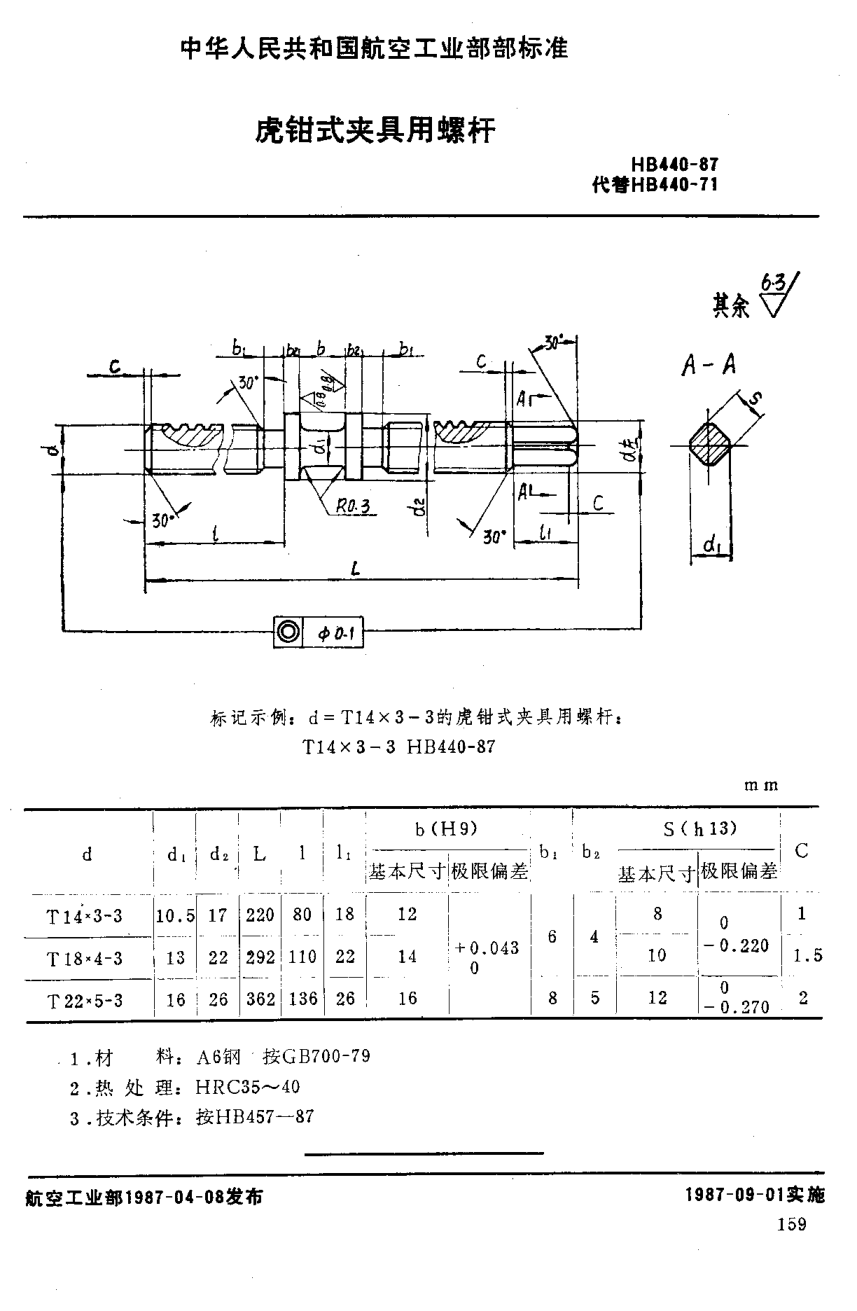 HB 440-1987虎钳式夹具用螺杆