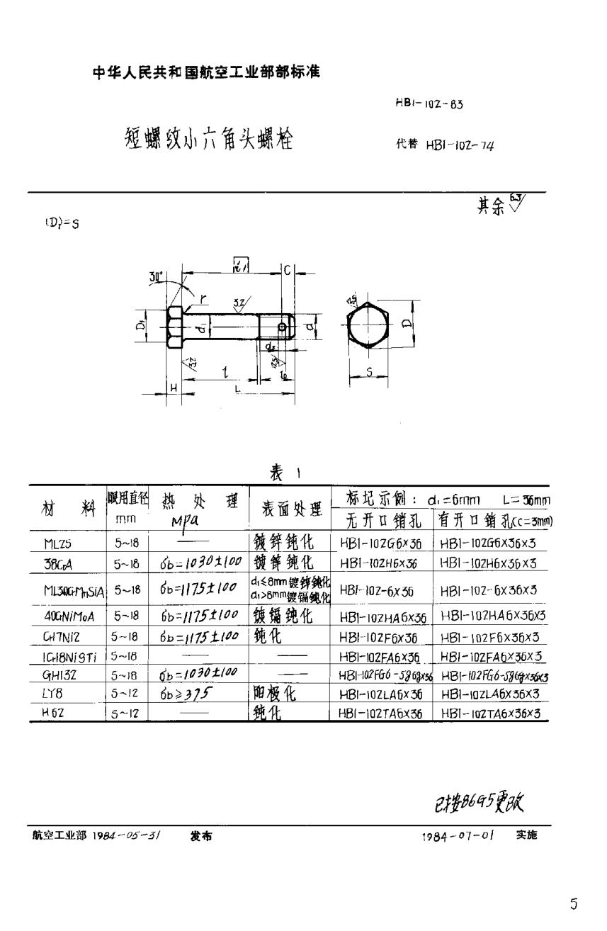 HB 1-102-1983短螺纹小六角头螺栓