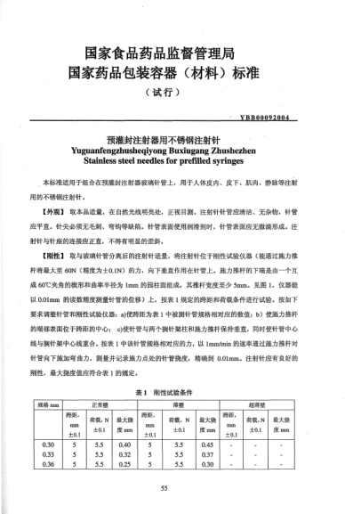 YBB 0009-2004预灌封注射器用不锈钢注射针Yuguanfengzhusheqiyong Buxiugang Zhushezhen Stainless steel needles for prefilled syringes