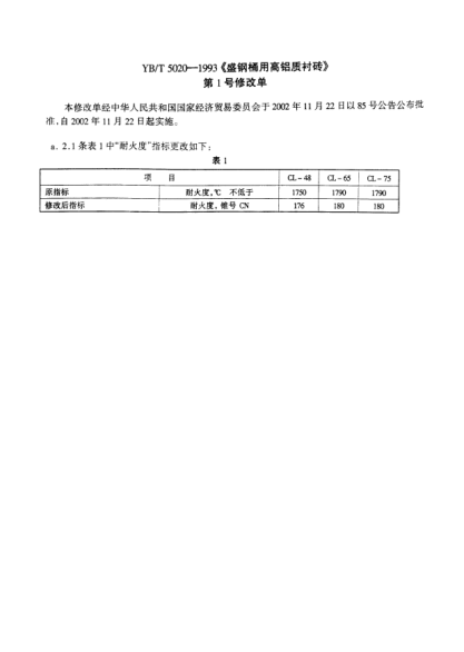 YB/T 5020 AMD 1-2002炼钢电炉顶用砖形状尺寸