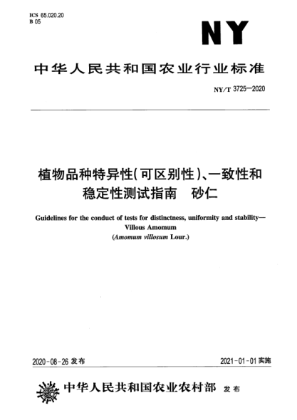 NY/T 3725-2020植物品种特异性（可区别性）、一致性和稳定性测试指南 砂仁