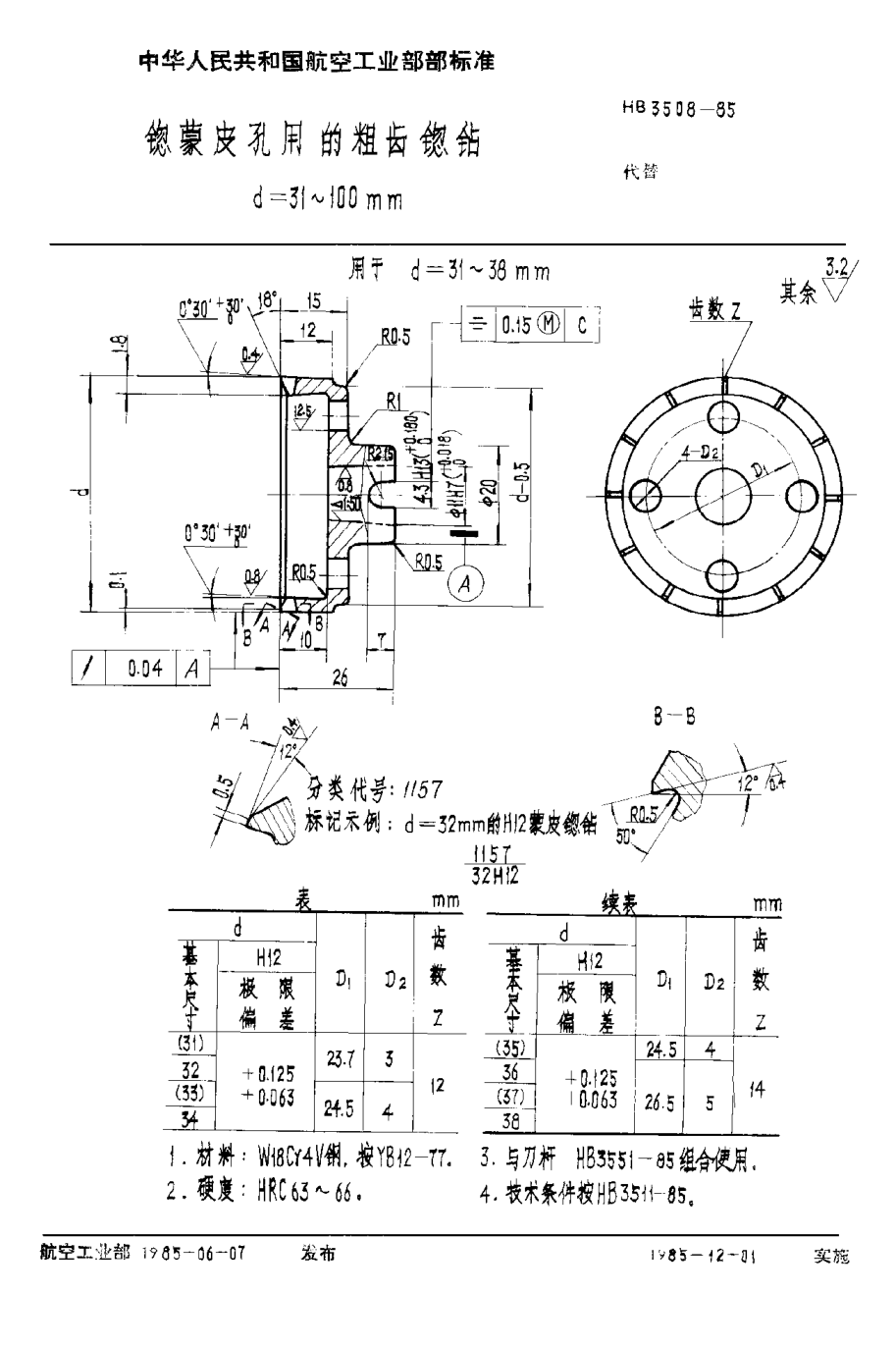 HB 3508-1985锪蒙皮孔用的粗齿锪钻 d＝31~100mm