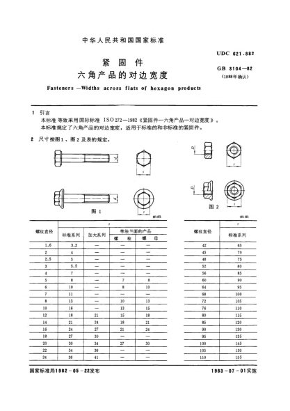 GB/T 3104-1982紧固件  六角产品的对边宽度Fasteners; Widths across flats of hexagon products