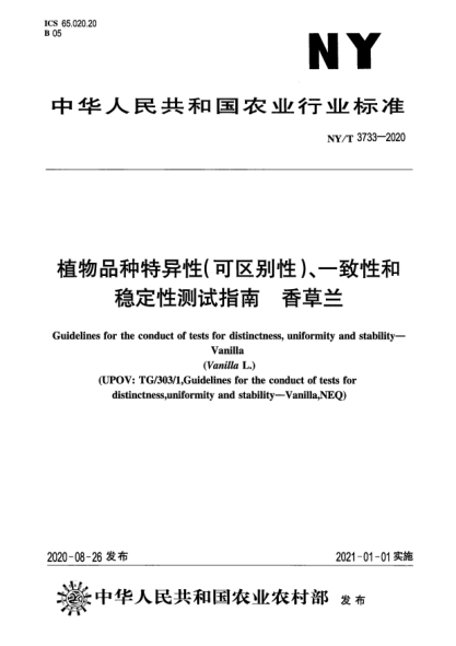 NY/T 3733-2020植物品种特异性（可区别性）、一致性和稳定性测试指南 香草兰