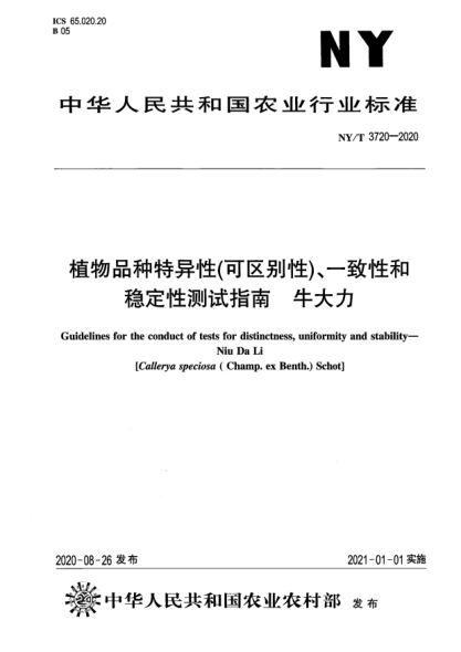 NY/T 3720-2020植物品种特异性（可区别性）、一致性和稳定性测试指南 牛大力