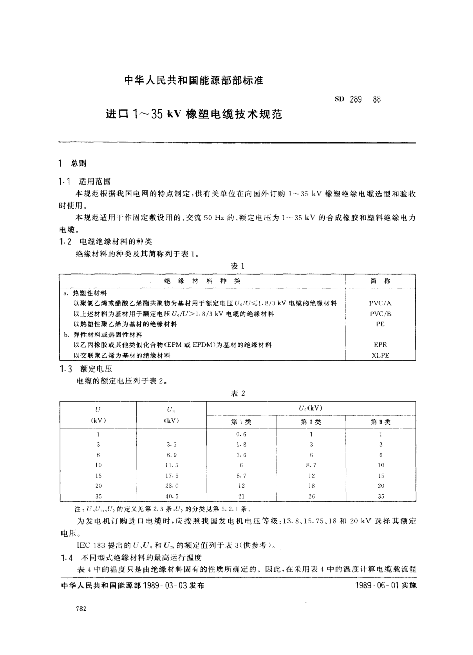 SD 289-1988进口1～35 kV橡塑电缆技术规范