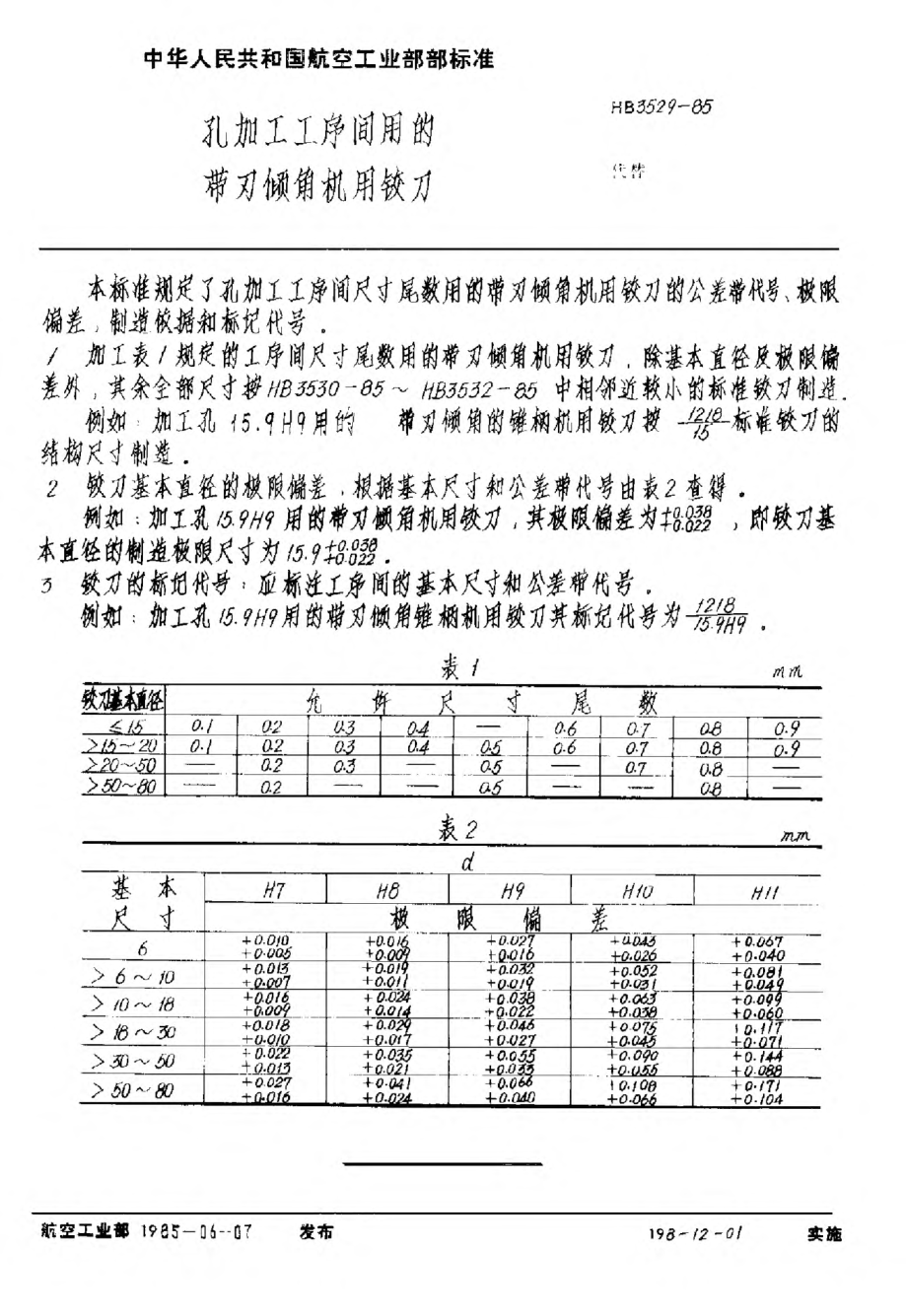 HB 3529-1985孔加工工序间用的带刃倾角机用铰刀