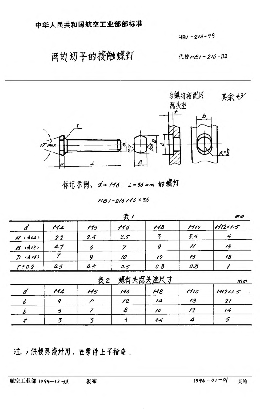 HB 1-216-1995两边切平的接触螺钉