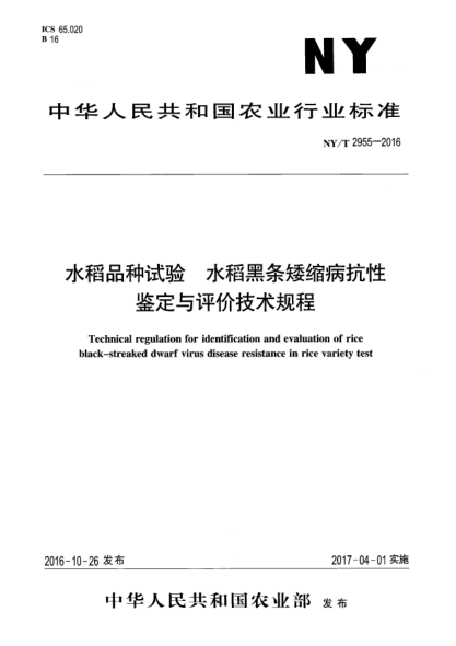 NY/T 2955-2016水稻品种试验  水稻黑条矮缩病抗性鉴定与评价技术规程