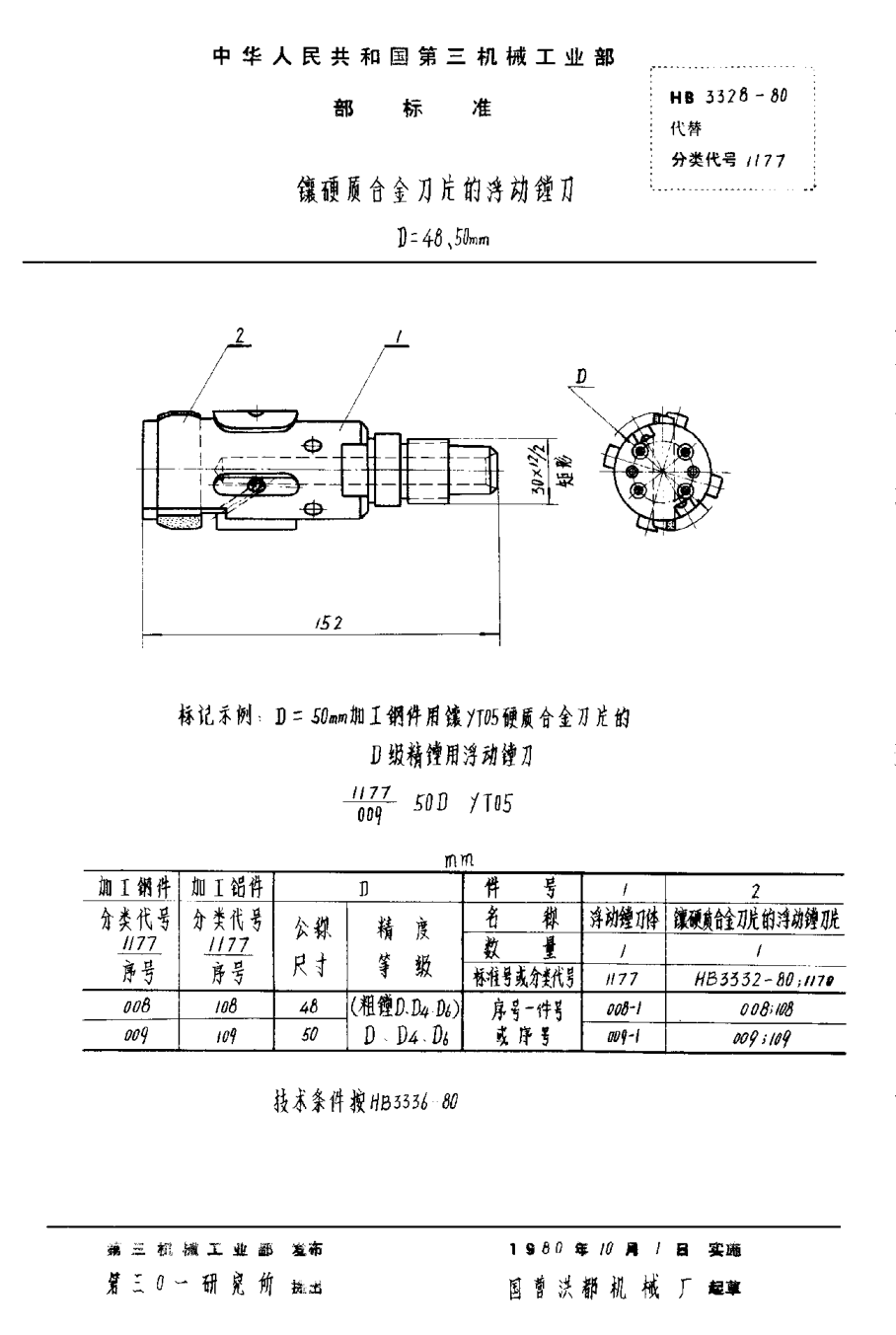 HB 3328-1980镶硬质合金刀片的浮动镗刀 Ｄ＝４８、５０ｍｍ