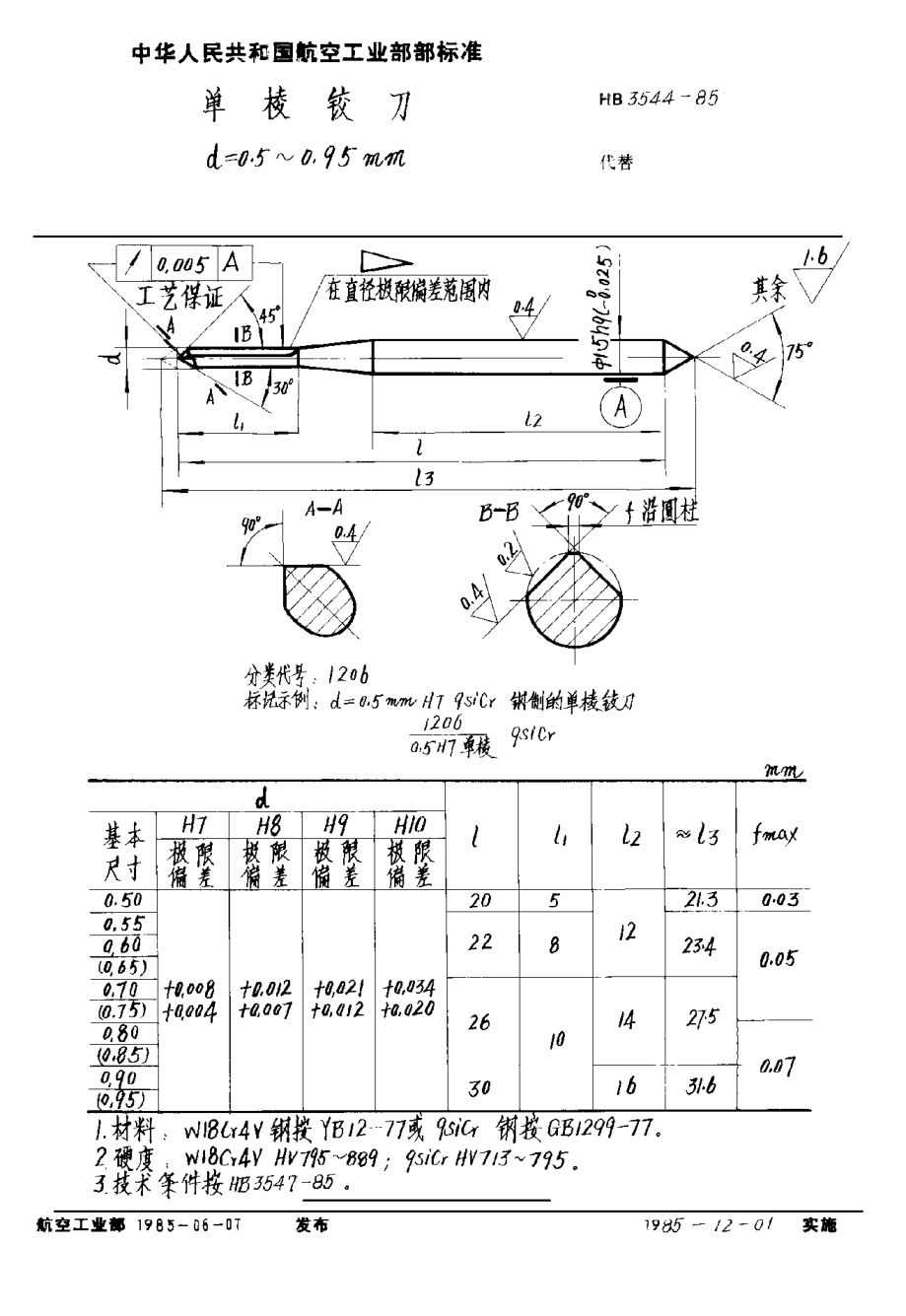 HB 3544-1985单棱铰刀 d＝0.5~0.95mm