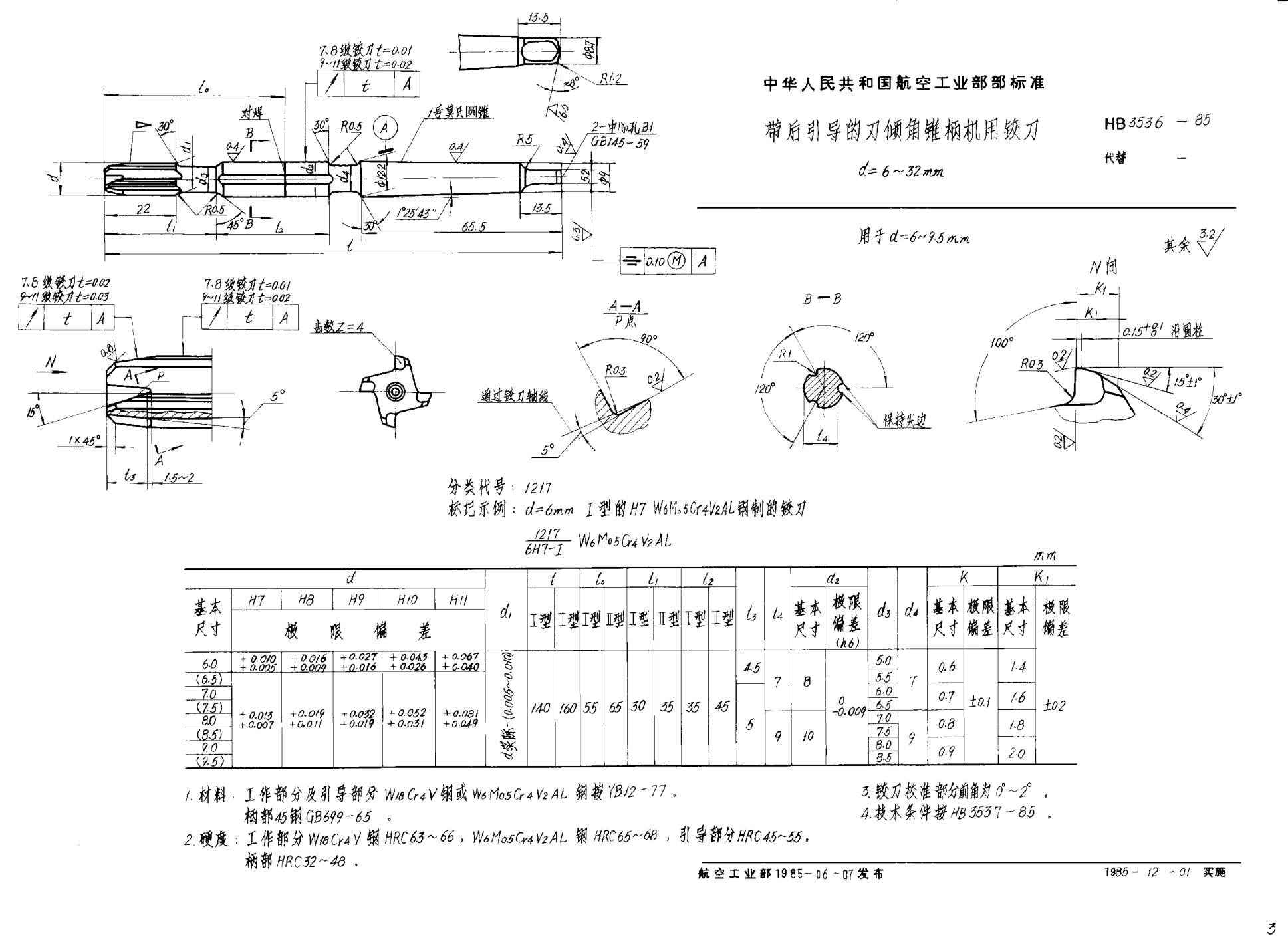 HB 3536-1985带后引导的刃倾角锥柄机用铰刀