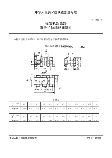 TB/T 1138-1975raybet雷电竞电竞app下载地址轨距铁路道岔用护轨端部间隔铁