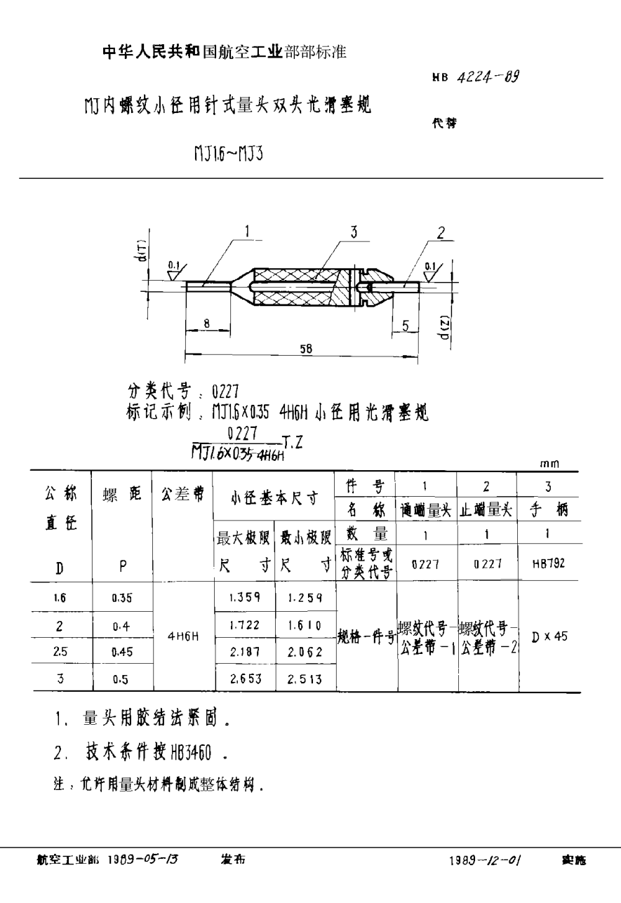 HB 4224-1989ＭＪ内螺纹小径用针式量头双头光滑塞规 ＭＪ１．６~ＭＪ３