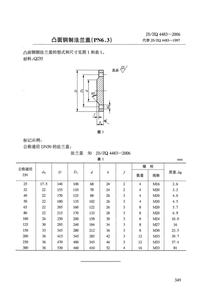 JB/ZQ 4483-2006凸面钢制法兰盖(PN6.3)