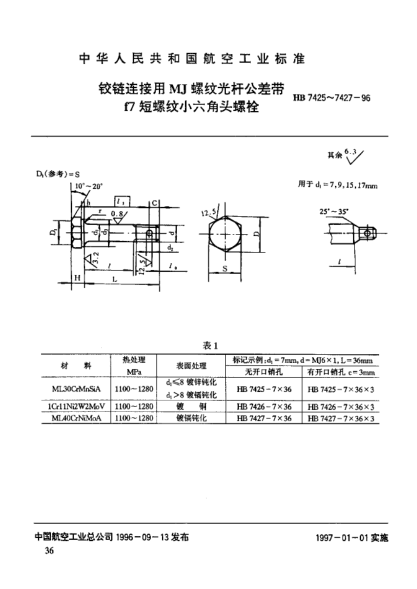 HB 7426-1996铰链连接用ＭＪ螺纹光杆公差带ｆ７短螺纹小六角头螺栓
