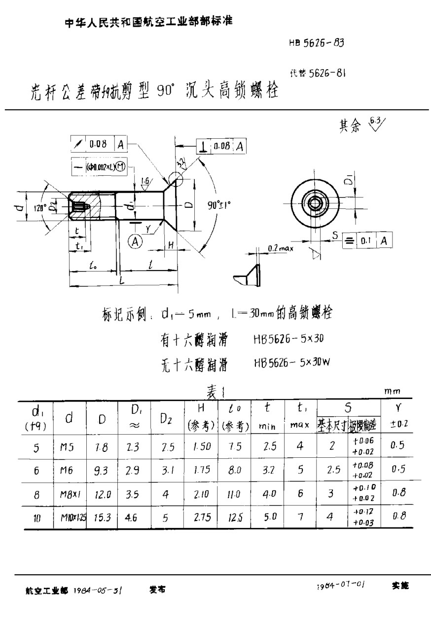 HB 5626-1983光杆公差带ｆ９抗剪型９０°沉头高锁螺栓