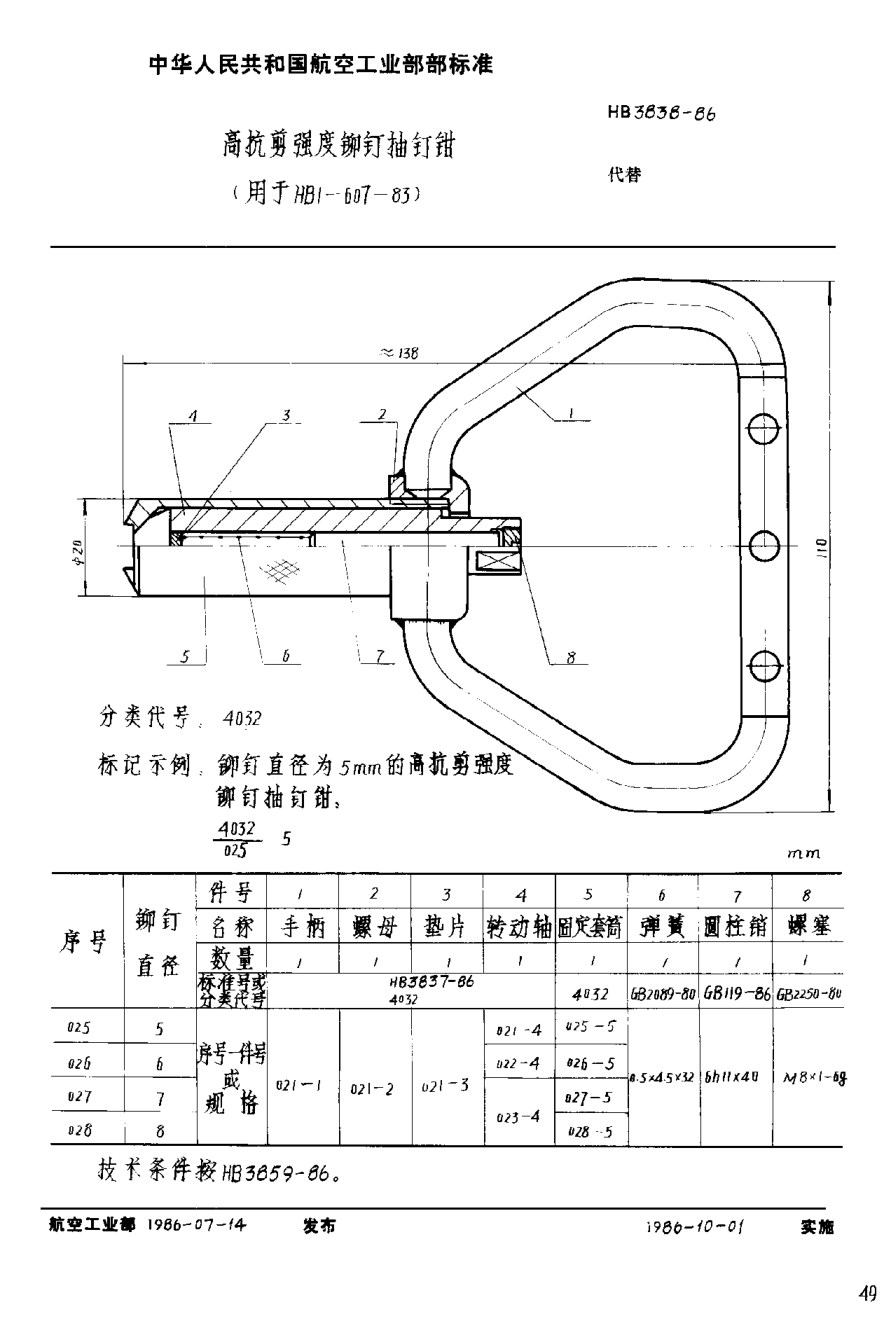 HB 3838-1986高抗剪强度铆钉抽钉钳 （用于ＨＢ １－６０７－８３）