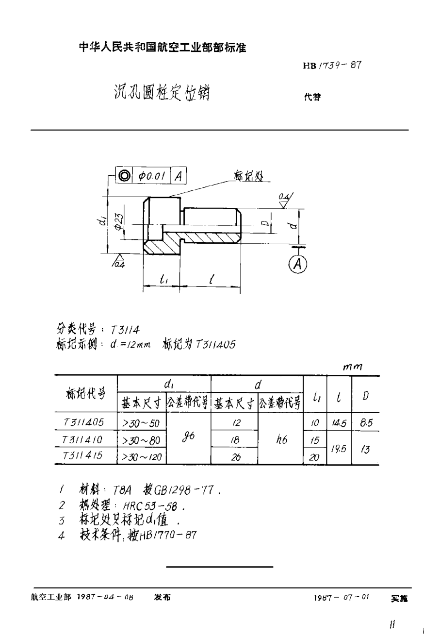 HB 1739-1987沉孔圆柱定位销