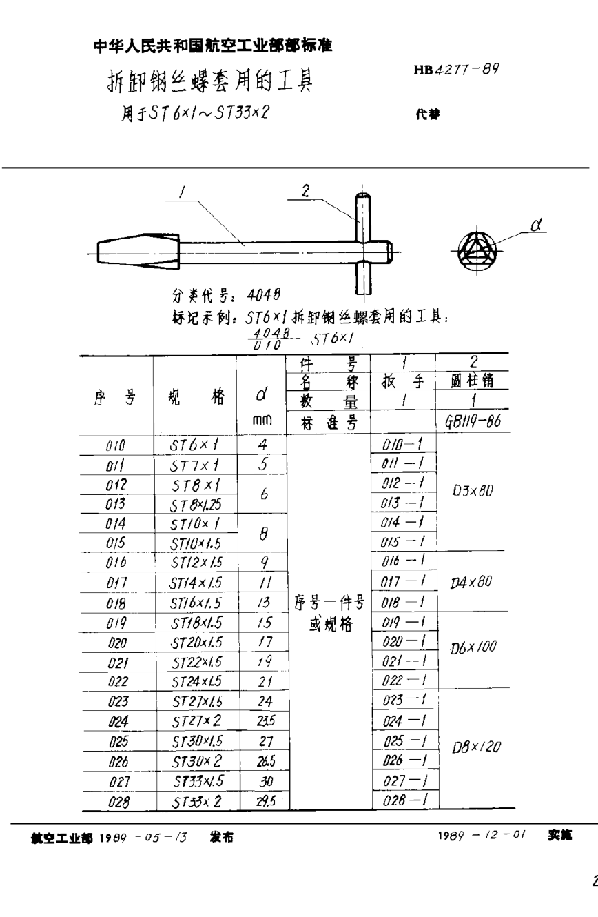 HB 4277-1989拆卸钢丝螺套用的工具用于ＳＴ６×１~ＳＴ３３×２