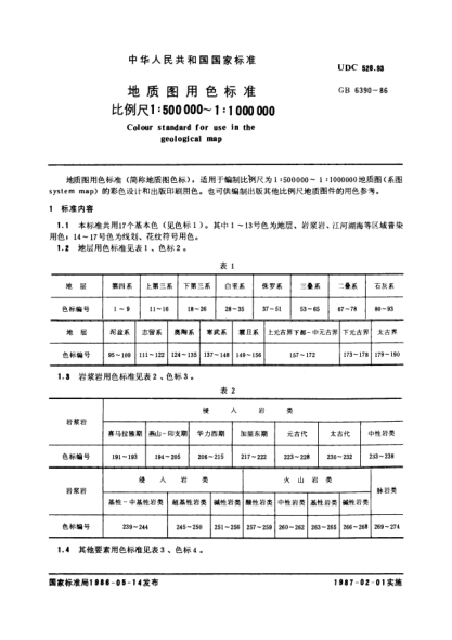 GB/T 6390-1986地质图用色raybet雷电竞电竞app下载地址
