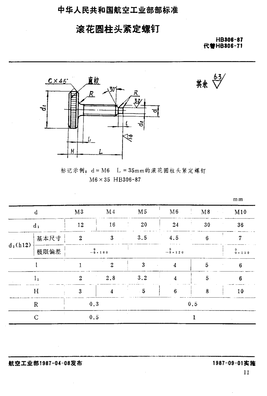 HB 306-1987滚花圆柱头紧定螺钉