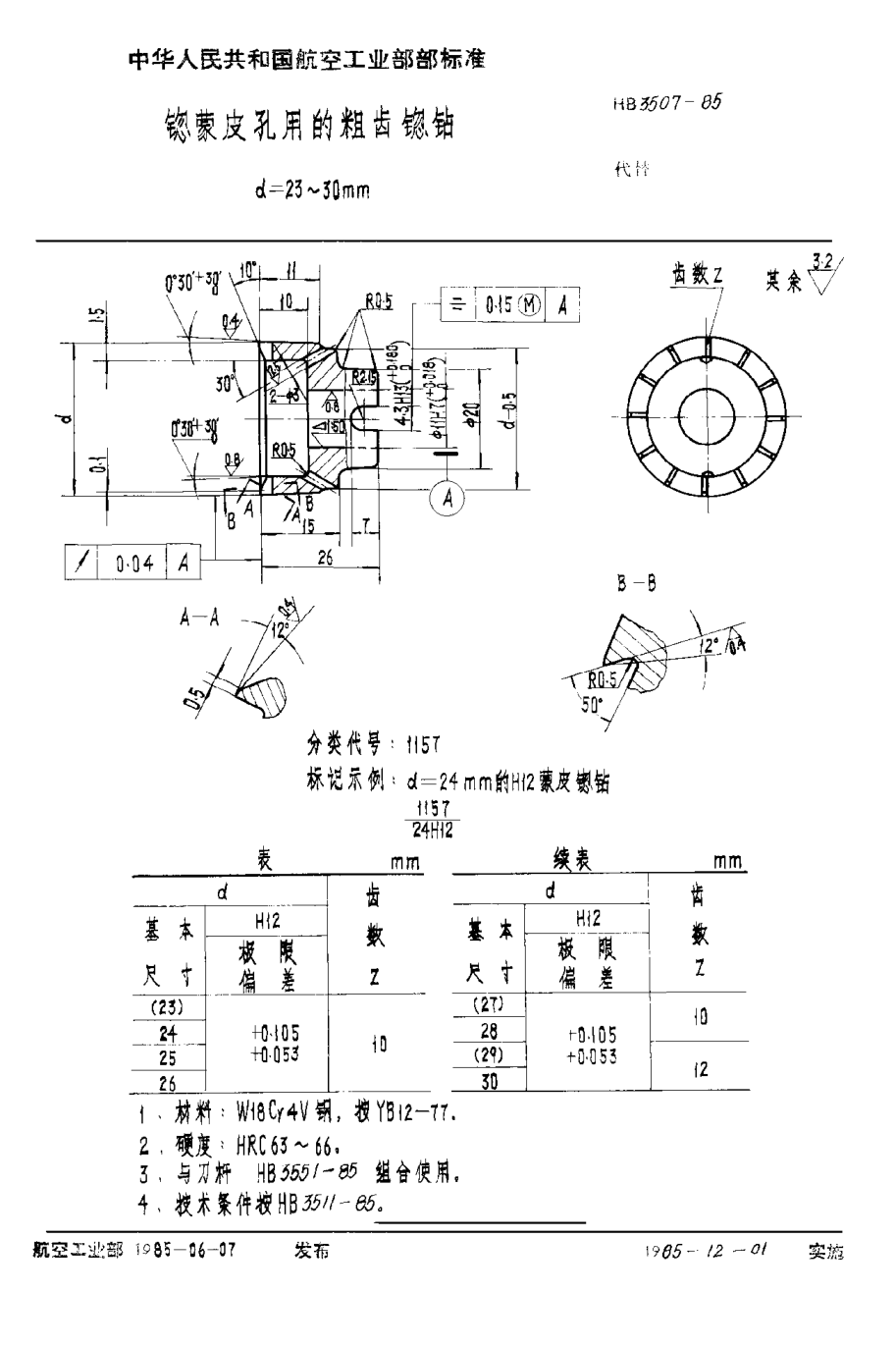 HB 3507-1985锪蒙皮孔用的粗齿锪钻 d＝23~30mm