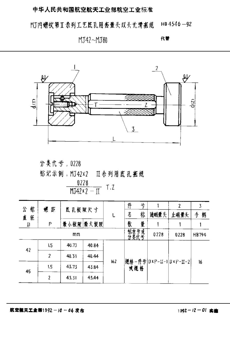 HB 4546-1992ＭＪ内螺纹第Ⅱ系列工艺底孔用套量头双头光滑塞规 ＭＪ４２~ＭＪ８０