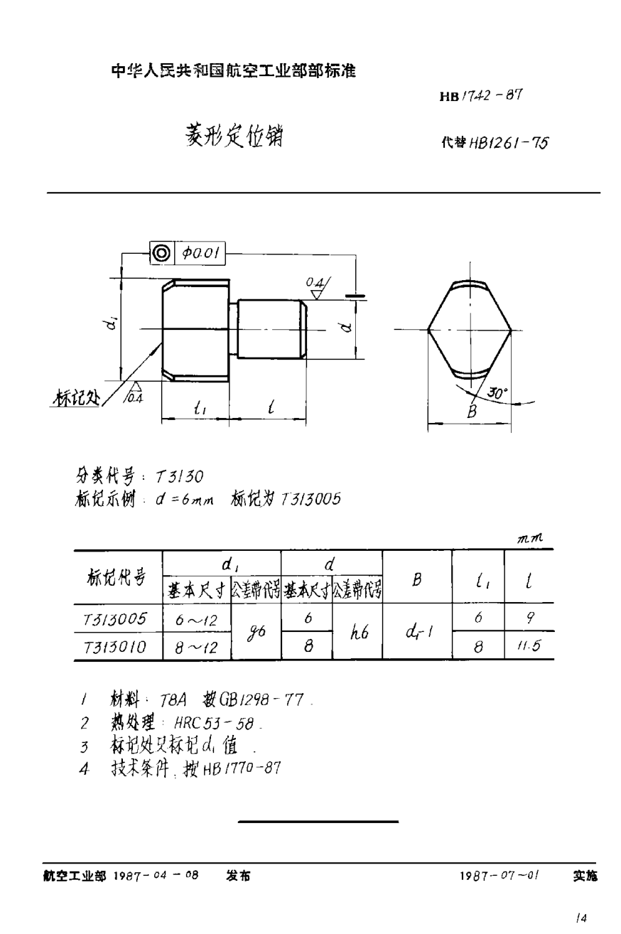 HB 1742-1987菱形定位销