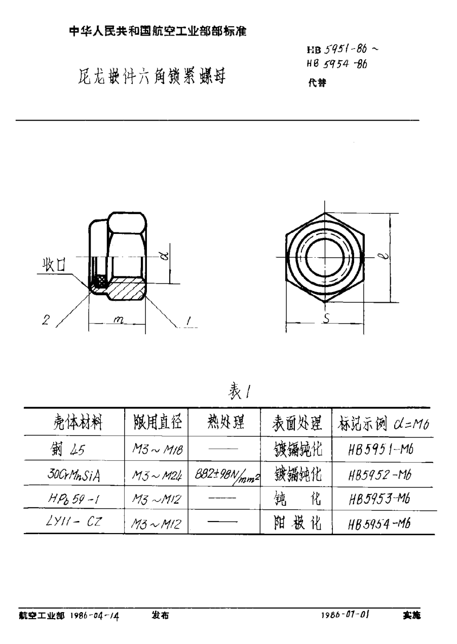 HB 5951-1986尼龙嵌件六角锁紧螺母