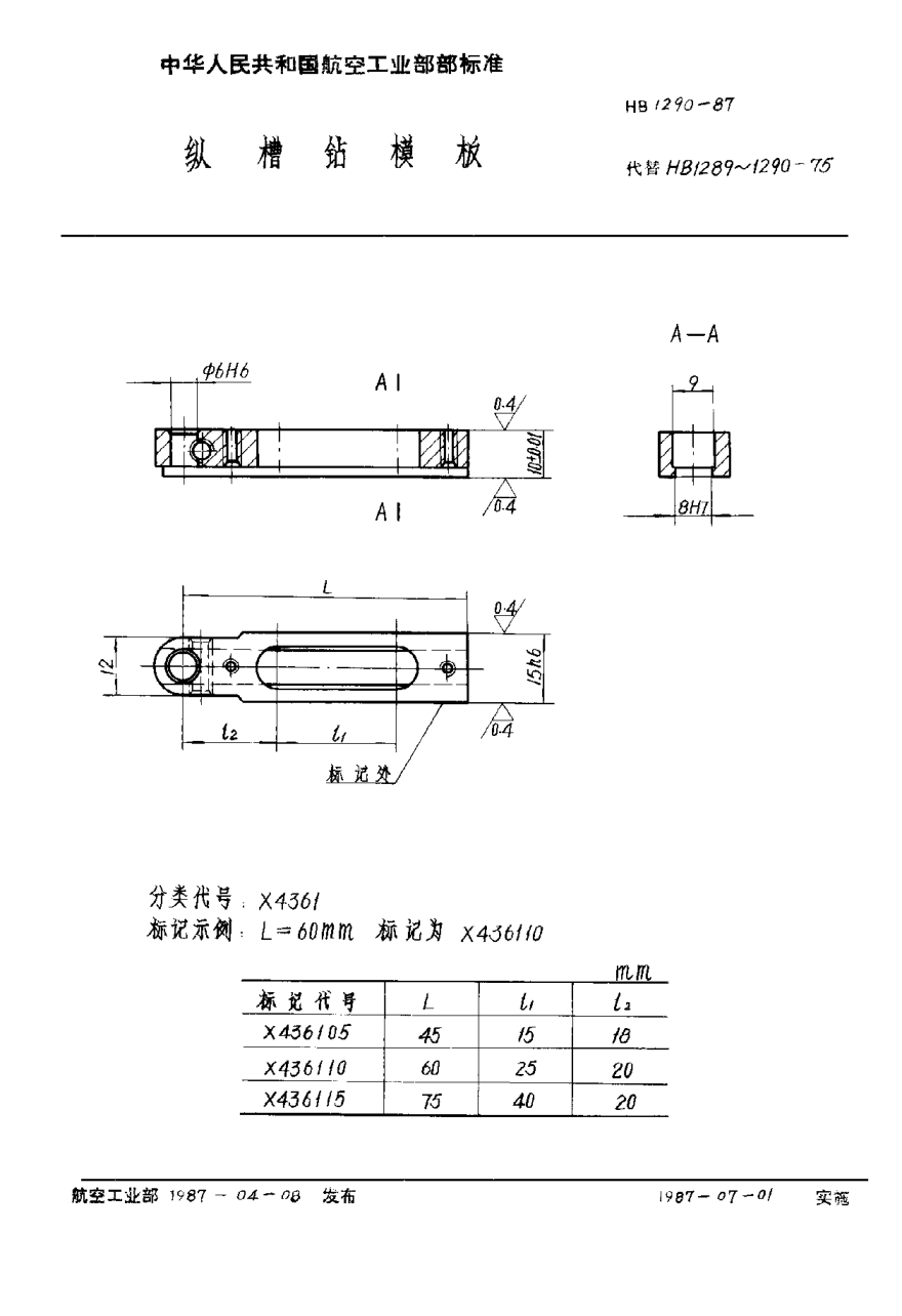 HB 1290-1987纵槽钻模板