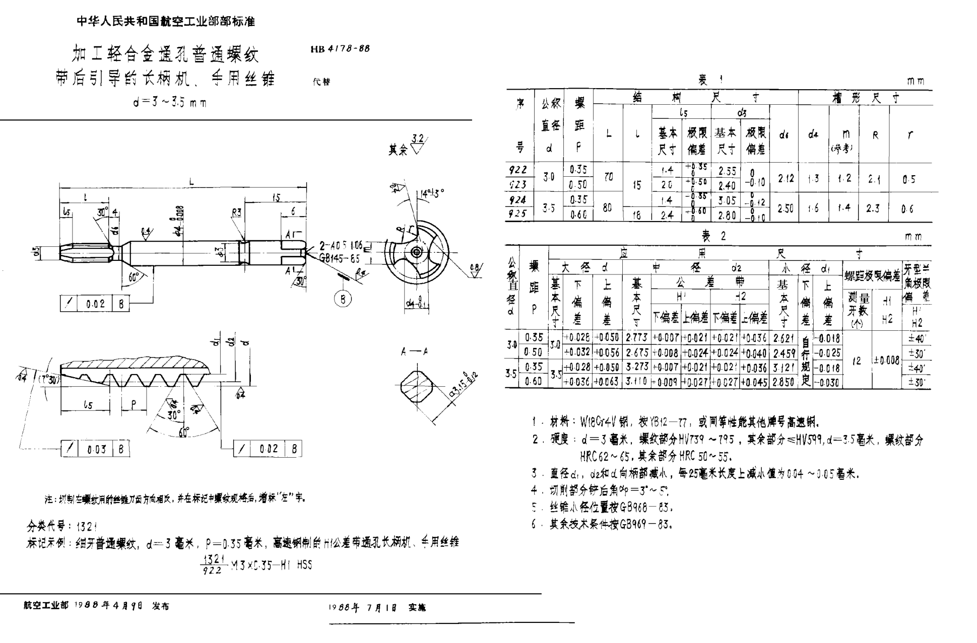 HB 4178-1988加工轻合金通孔普通螺纹带后引导的长柄机、手用丝锥 ｄ＝３~３．５ｍｍ