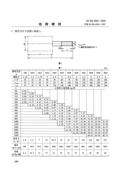 JB/ZQ 4363-2006地脚螺栓
