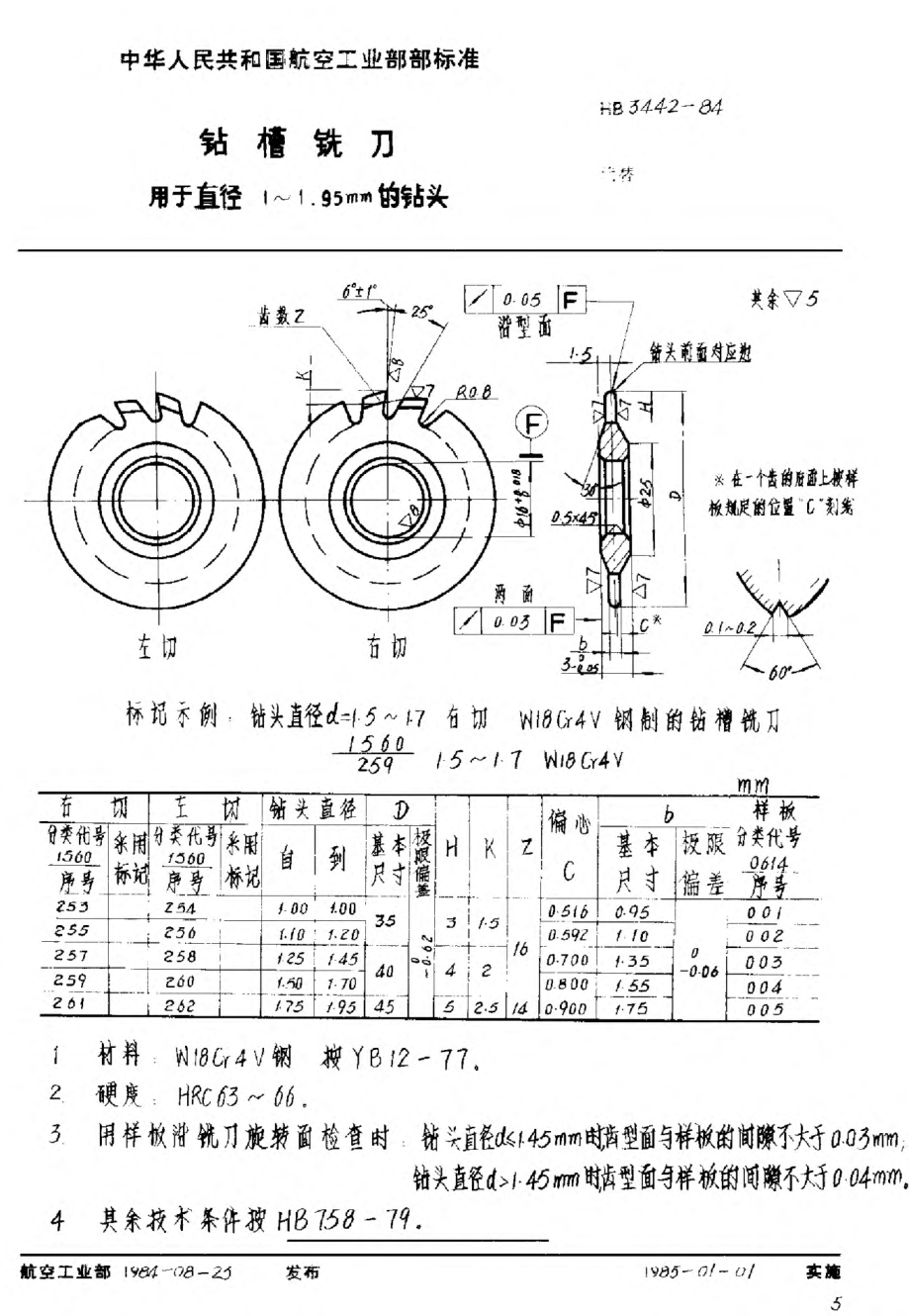 HB 3442-1984钻槽铣刀 用于直径1~1.95mm的钻头