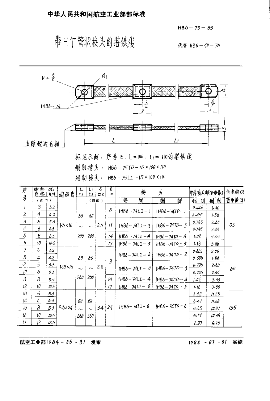 HB 6-75-1983带三个管状接头的搭铁线