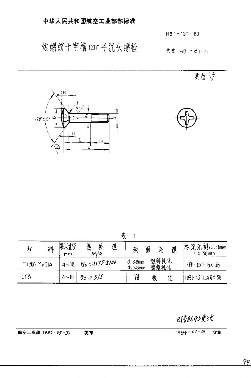 HB 1-157-1983短螺纹十字槽120°半沉头螺栓