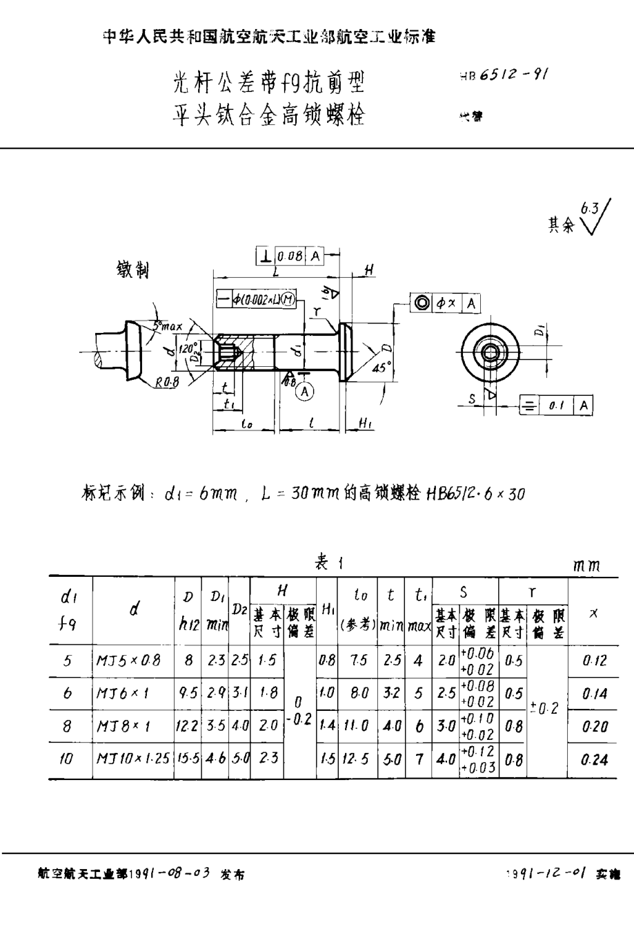 HB 6512-1991光杆公差带ｆ９抗剪型平头钛合金高锁螺栓