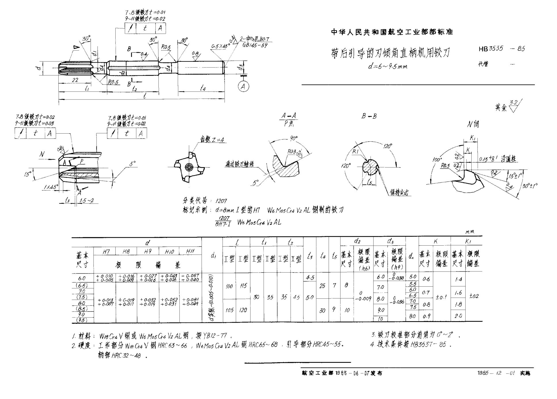 HB 3535-1985带后引导的刃倾角直柄机用铰刀 d＝6~9.5mm