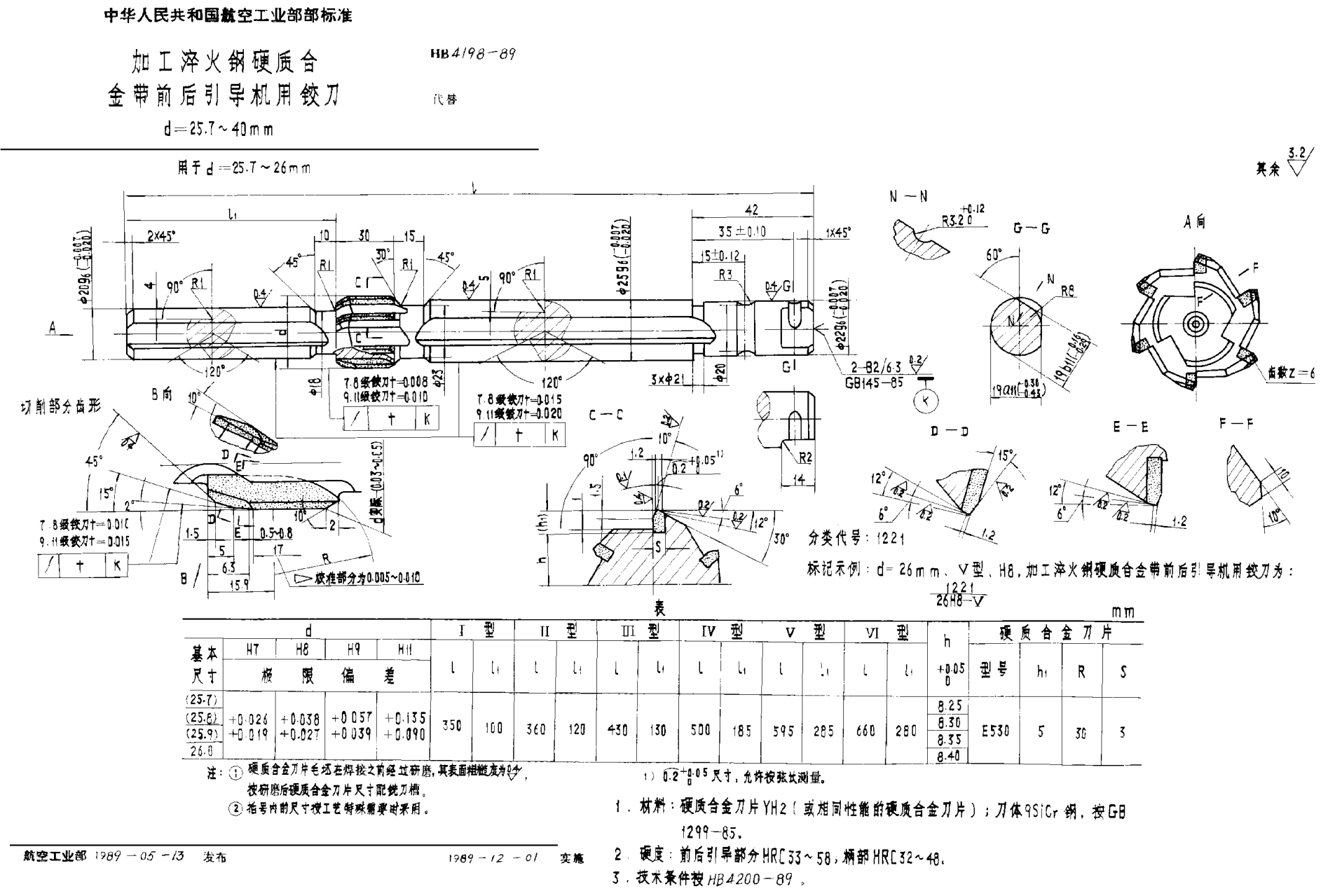HB 4198-1989加工淬火钢硬质合金带前后引导机用铰刀 ｄ＝２５．７~４０ｍｍ