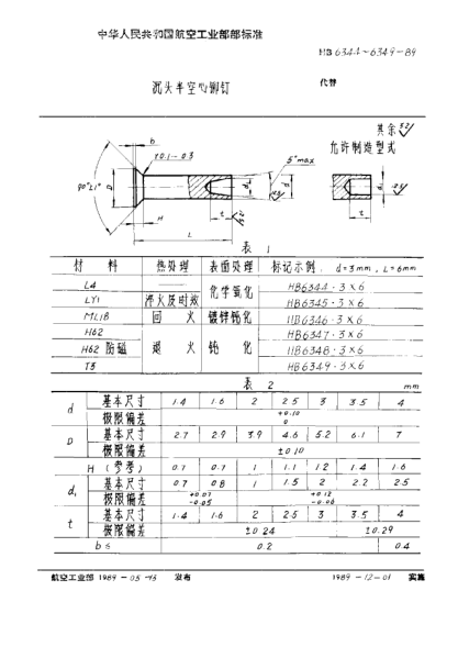 HB 6347-1989沉头半空心铆钉