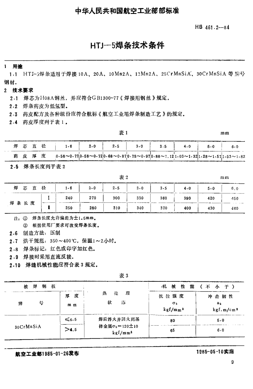 HB 461.2-1984ＨＴＪ－５焊条技术条件