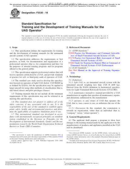 ASTM F3330-2018  Standard Specification for Training and the Development of Training Manuals for the UAS Operator