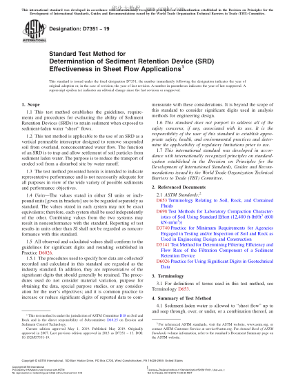 ASTM D7351-2019 薄层水流中沉淀物滞留装置有效性测定方法 Standard Test Method for Determination of Sediment Retention Device (SRD) Effectiveness in Sheet Flow Applications